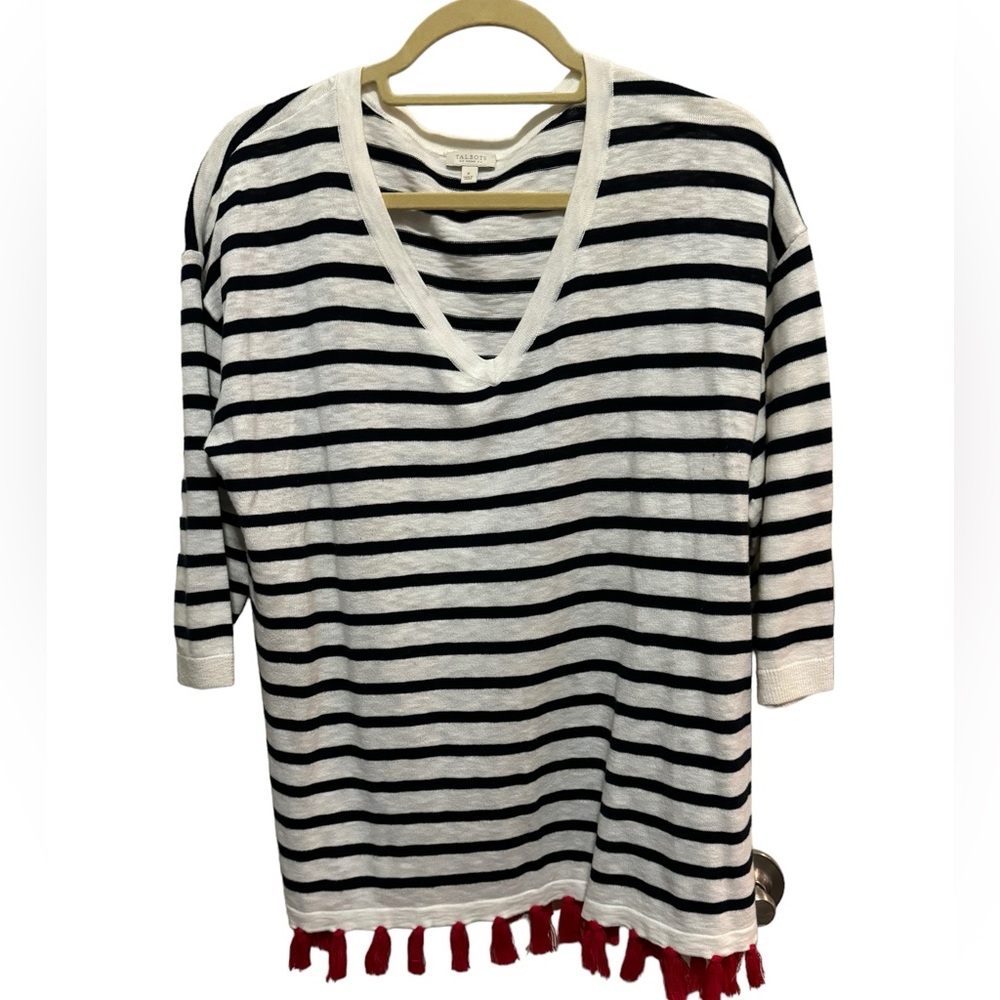 Talbots - White / Black Striped V Neck Sweater with Red Fringe - Size X